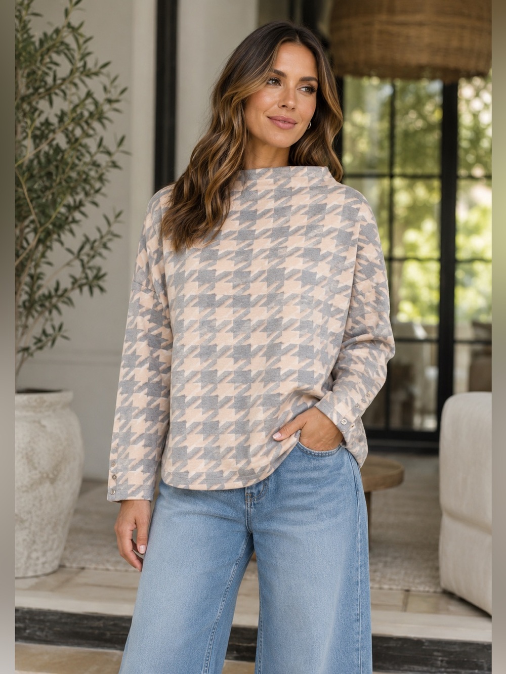 Chic Houndstooth Mock Neck Sweater